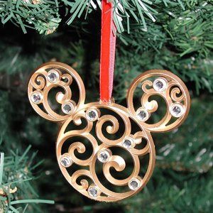 DISNEY STORE Mickey Mouse Icon Filigree Ornament Gold Crystals 2007 EUC NLA